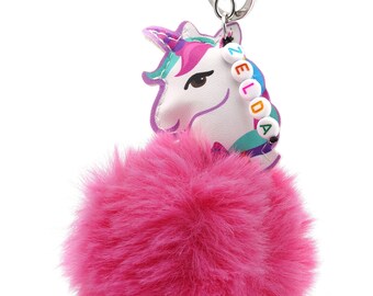 Gepersonaliseerde sleutelhanger eenhoorn pompon: sleutelhanger aangepaste naam