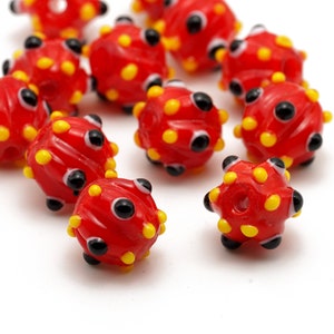 Round Lampwork Glass Beads in Red with Bumpy Design Raised Dots 10-12mm 5pcs