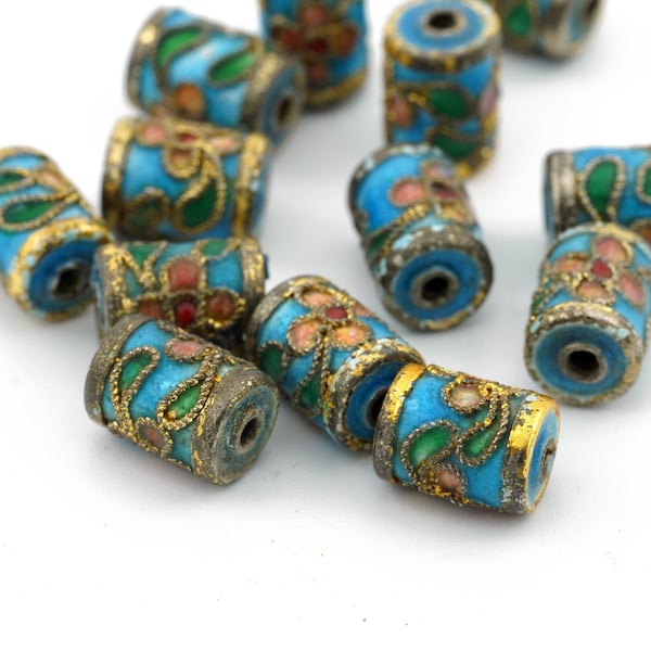 Vintage Genuine Cloisonné  Beads Barrel Shaped Beads Blue Colors 7x10mm 5pcs