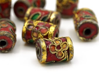 Vintage Echte Cloisonné Perlen tonnenförmige Perlen rote Farben 7 x 10 mm 5Stk