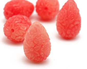 Teardrop Shaped Carved Shell Beads Carved Flower Design Coral Color 14x21mm 2pcs