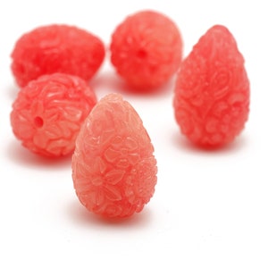 Teardrop Shaped Carved Shell Beads Carved Flower Design Coral Color 14x21mm 2pcs
