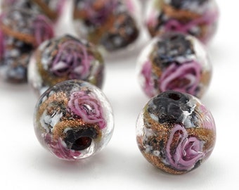 Round Dark Orange and Rose Gold Sparkle Venetian Murano Glass Beads ...