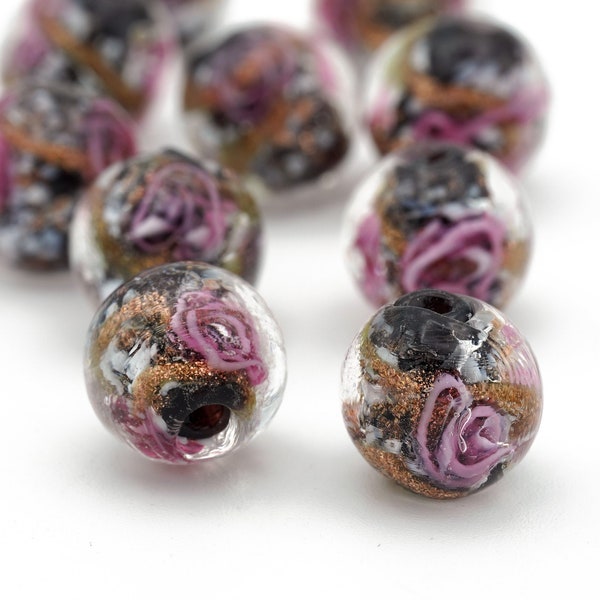 Round Black and Rose Gold Sparkle Venetian Murano Glass Beads, Lampwork Beads 12mm 10pcs