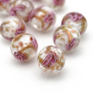 Round Pink and White Swirl with Rose Gold Sparkle Swirls Lampwork Beads 12mm 10pcs