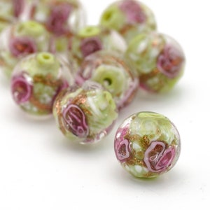 Round Green and Rose Gold Sparkle Venetian Murano Glass Beads, Lampwork Beads 10mm 10pc