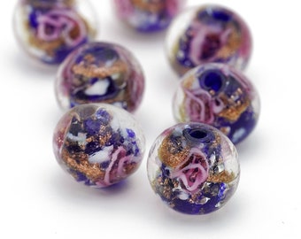 Round Blue and Rose Gold Sparkle Venetian Murano Glass Beads, Lampwork Beads 12mm 10pcs