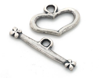 Antique Silver Pewter Heart Shaped Toggle Clasp for Jewelry Making 24mm 1set