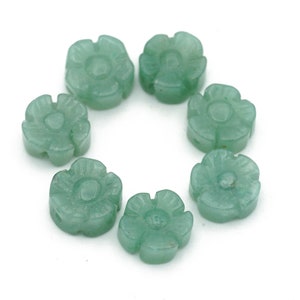Carved Aventurine Floral Round Beads Flat Round Disc Shaped 12mm 4pcs