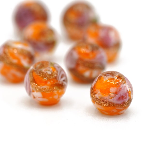 Round Dark Orange and Rose Gold Sparkle Venetian Murano Glass Beads, Lampwork Beads 12mm10pc