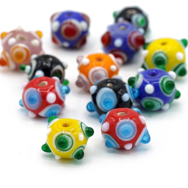 Vintage Multi Color Raised Dotted Lampwork Beads Mixed Lot of Lampwork Beads Small Size 12-16mm 4pcs