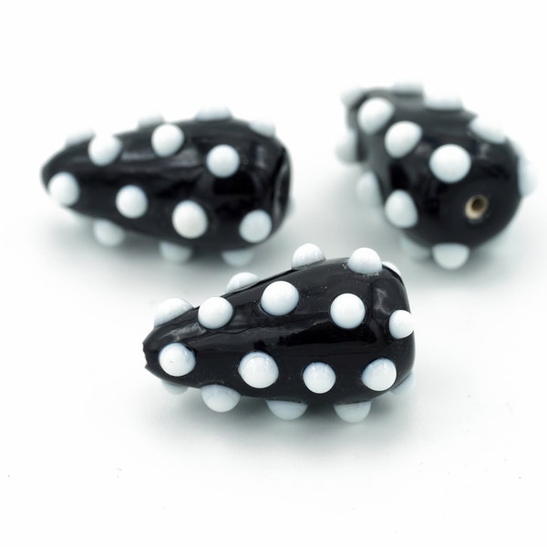 Vintage Black and White Teardrop Shaped Speckled Lampwork Beads Spotted Beads 16x24mm 2pcs