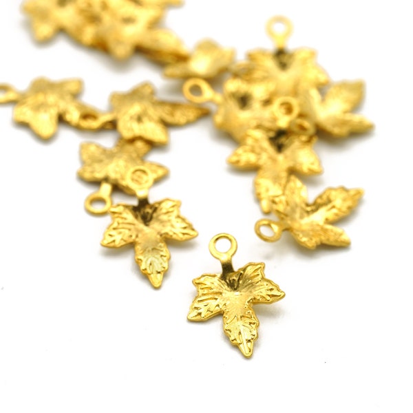 Vintage 24k Yellow Gold Pewter Maple Leaf Stamping Charms Beads 8x11mm 10pcs