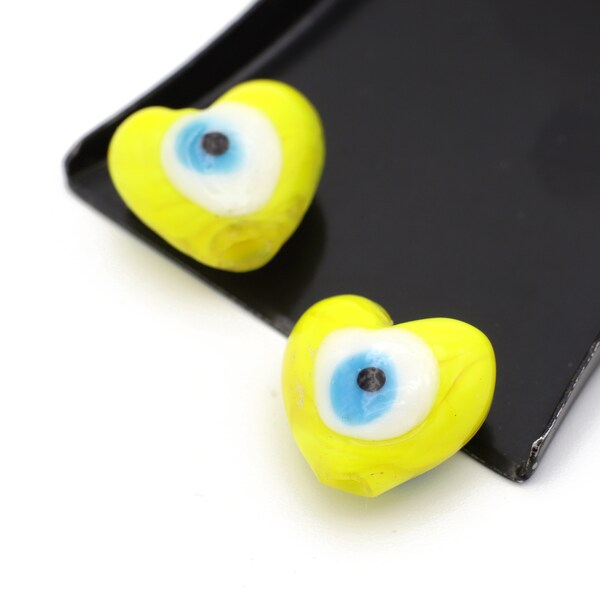 Evil Eye Lampwork Glass Beads Heart Shaped Beads Yellow Color 12x12mm 4pcs
