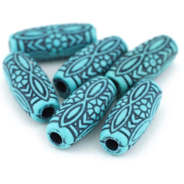 Vintage Carved Barrel Shaped Tube Beads in Turquoise and Black Etching 11x25mm 6pcs