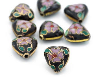 Vintage Genuine Cloisonné Heart Shaped Beads in Black with a beautiful design 11-12mm 4pcs