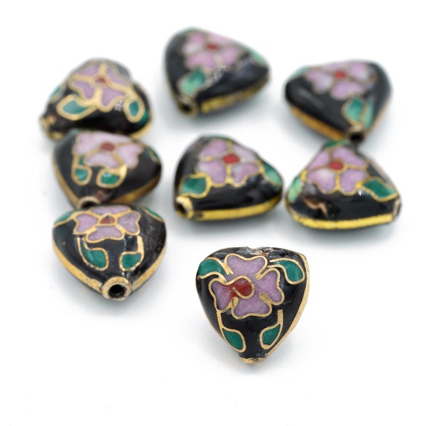 Vintage Genuine Cloisonné Heart Shaped Beads in Black with a beautiful design 11-12mm 4pcs