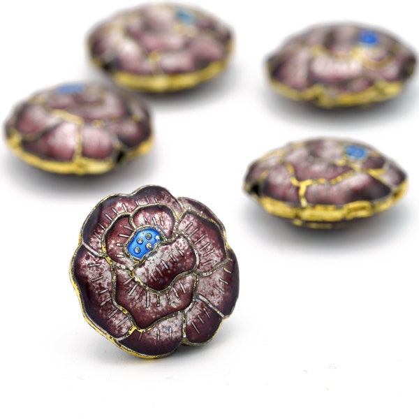 Vintage Cloisonné Rose Shaped Bead in Purple with a beautiful Design and Gold Trim 20mm 5pcs