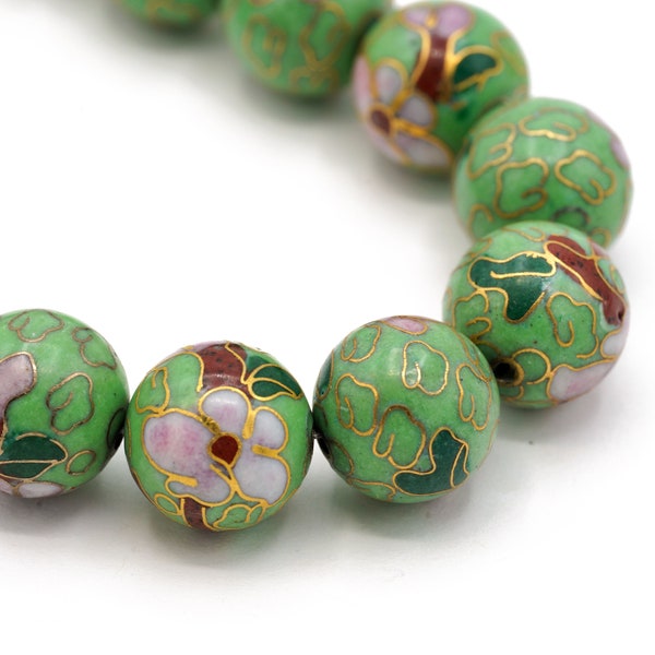 Large Vintage Cloisonné Round Beads in Green  with a beautiful design 14mm 2pcs