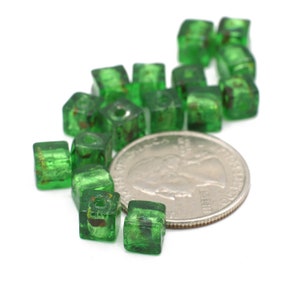 Emerald Green Venetian Glass with Foil Square Cube Beads 8mm 4pcs