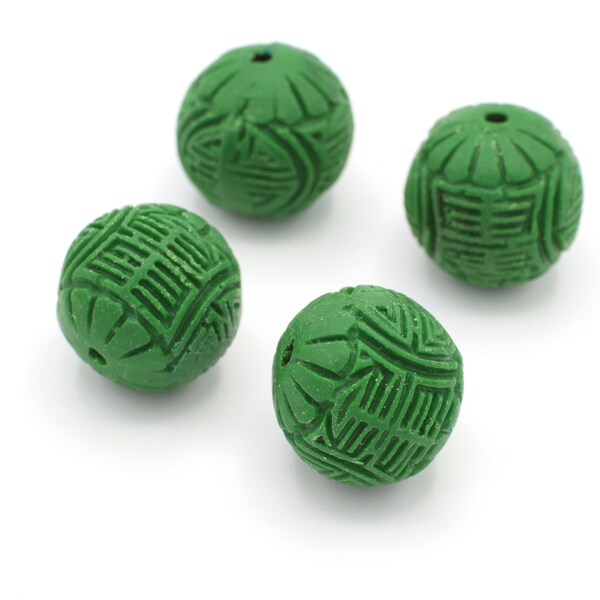 Vintage Dark Green Carved Wood Beads Round Ball Shaped Beads 15mm 4pcs