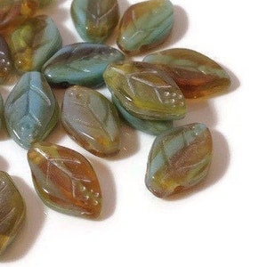 Czech Glass Leaves Green Brown Turquoise Czech Leaves, Leaf Beads 8x12mm 12pcs image 1