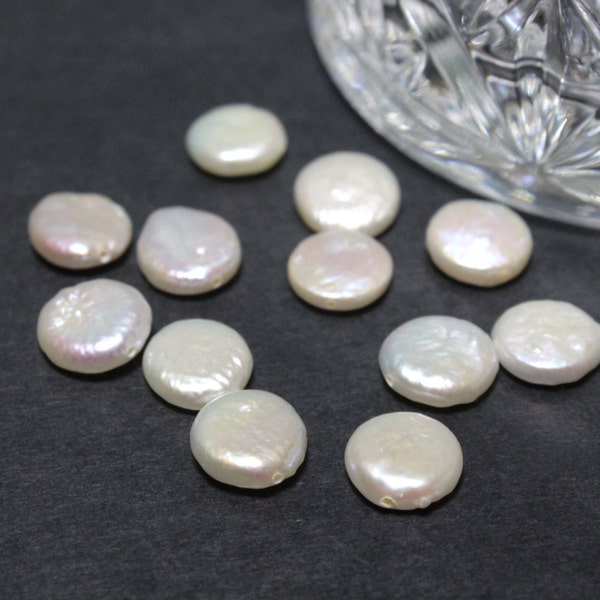 White Freshwater Pearls Coin Pearls.  High Luster Center Drilled 10-12mm 10pcs