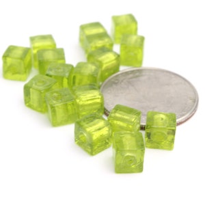 Green Peridot Venetian Glass Gold Foil Square Cube Beads 6mm 4pcs