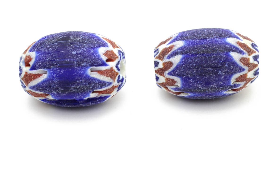 Vintage African Clay Egg Shaped Beads Red White and Cobalt Etsy