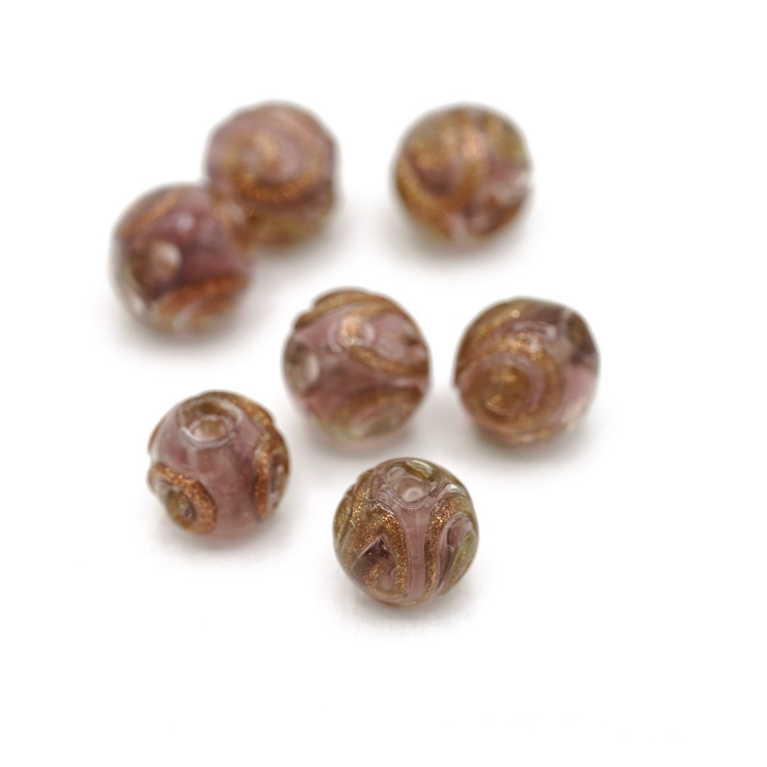 Round Rose Gold Sparkle Venetian Murano Glass Beads, Lampwork Beads 8mm ...
