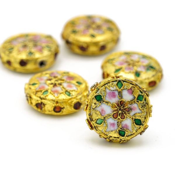 Vintage Cloisonne Large Gold Floral Disc Shaped Cloisonné Beads 18mm 2pcs