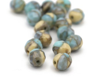 Turquoise Faceted Czech Crystal Beads with Yellow and Grey 8mm 12pcs