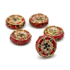Cuentas grandes de cloisonné vintage con diseño floral rojo y dorado en forma de disco, 18 mm, 4 unidades