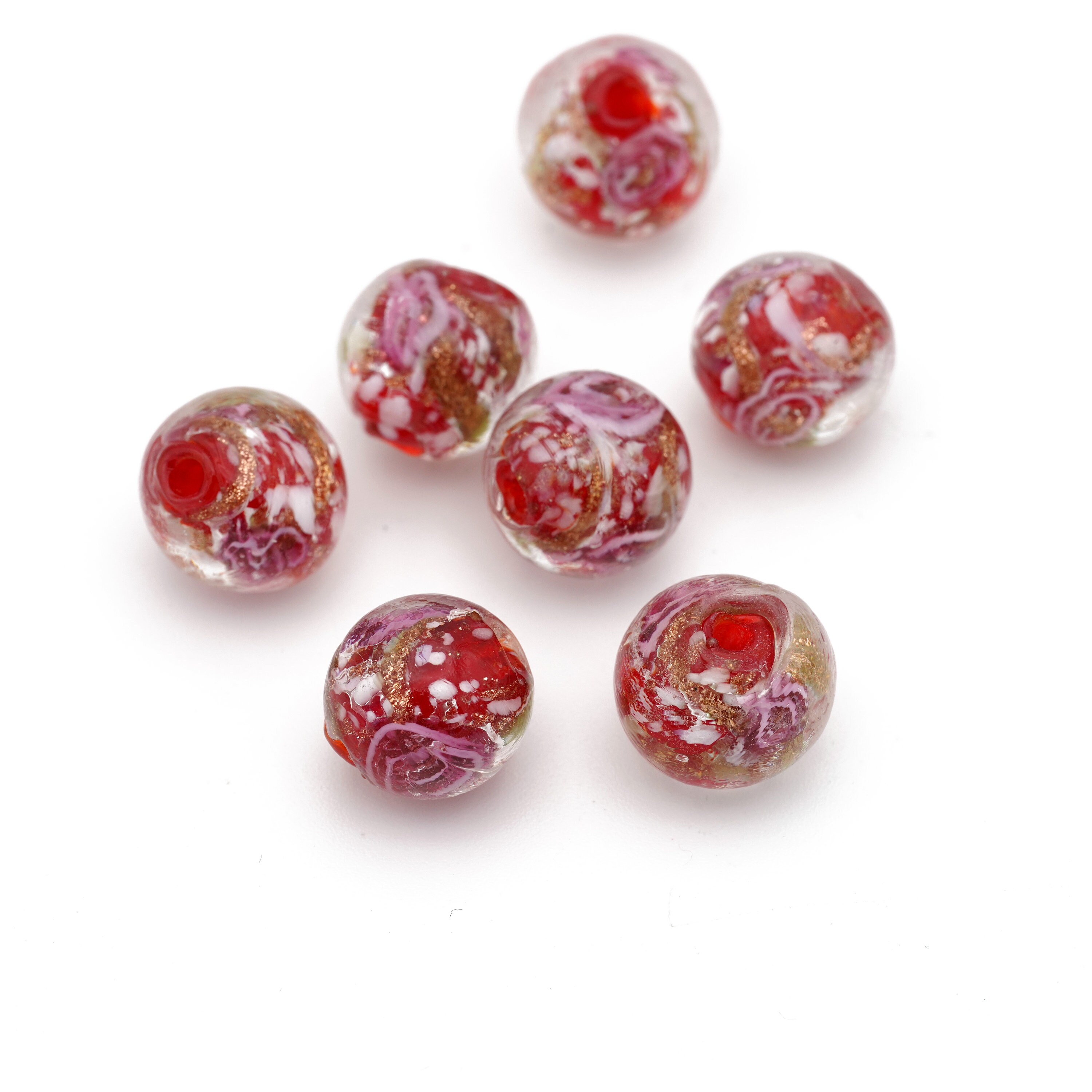 Red Murano Glass Beads: Rose Gold Sparkle Lampwork Beads (12mm, 10pcs ...