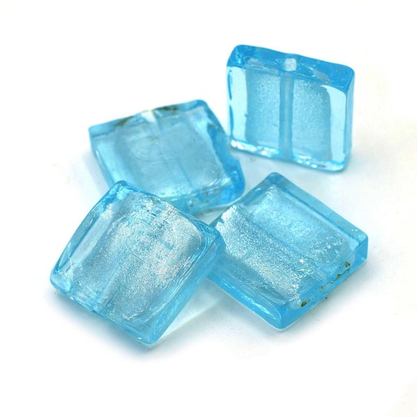 Venetian Glass Square Beads in a Ice Blue, Dark Aqua and Silver Color 20x20mm 2pcs