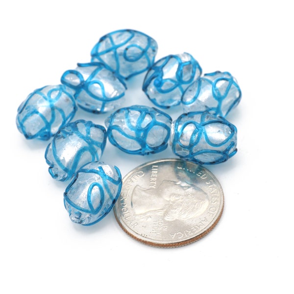 Clear and Turquoise Glass Silver Foil Barrel Oval Beads 12x16mm 7 pcs Venetian glass, Murano glass