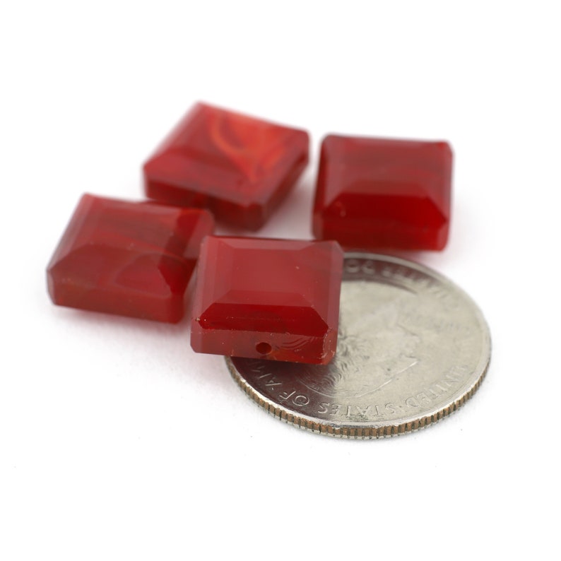 Vintage Red Square Beads with Step Cut Facets 13mm 4pcs image 1