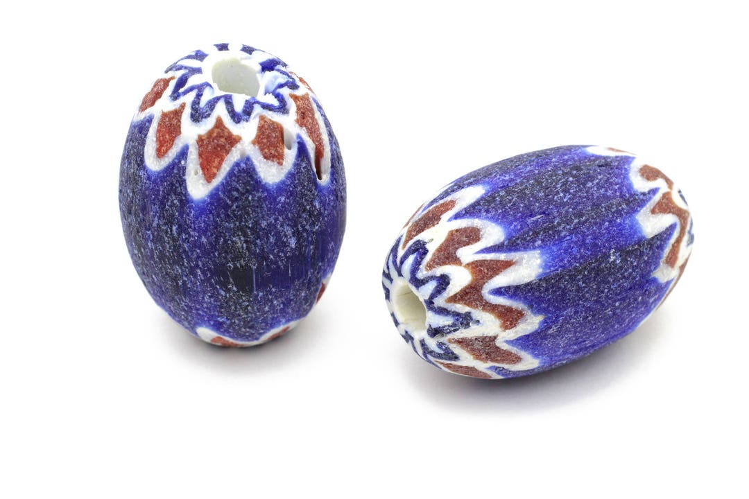 Vintage African Clay Egg Shaped Beads Red White and Cobalt Blue 24x32mm