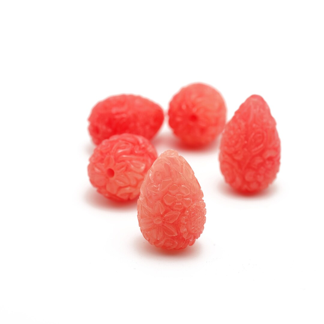 Teardrop Shaped Carved Shell Beads Carved Flower Design Coral Color ...