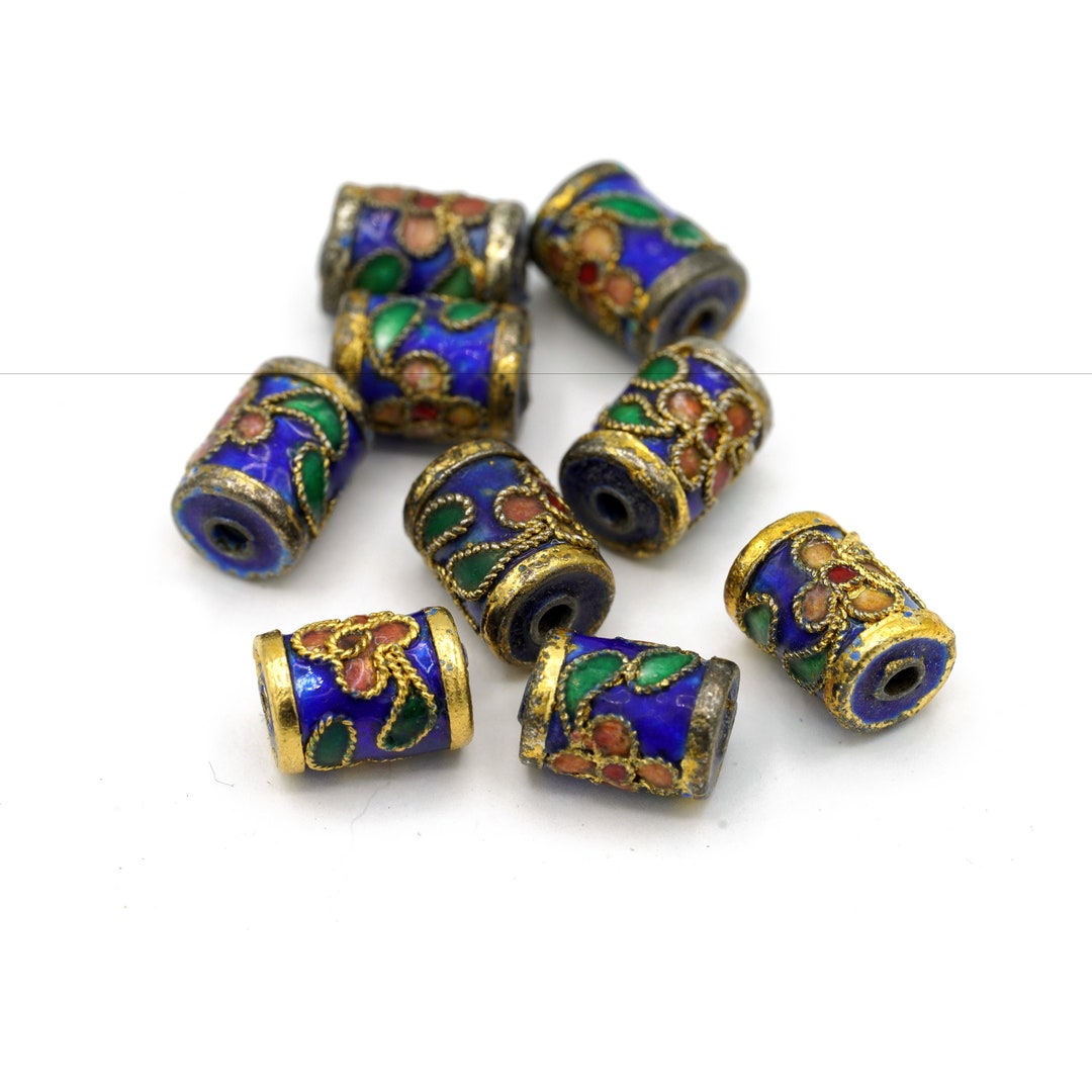 Vintage Genuine Cloisonné Beads Barrel Shaped Beads Cobalt Blue Colors