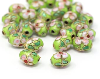 Vintage Cloisonné Bead Egg Shaped in Green Pink and Gold, with Metal Detailing 7x9mm 4pcs