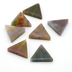 May include: Six triangular agate gemstone beads with a hole drilled through the center. The beads are various shades of brown, green, and white.