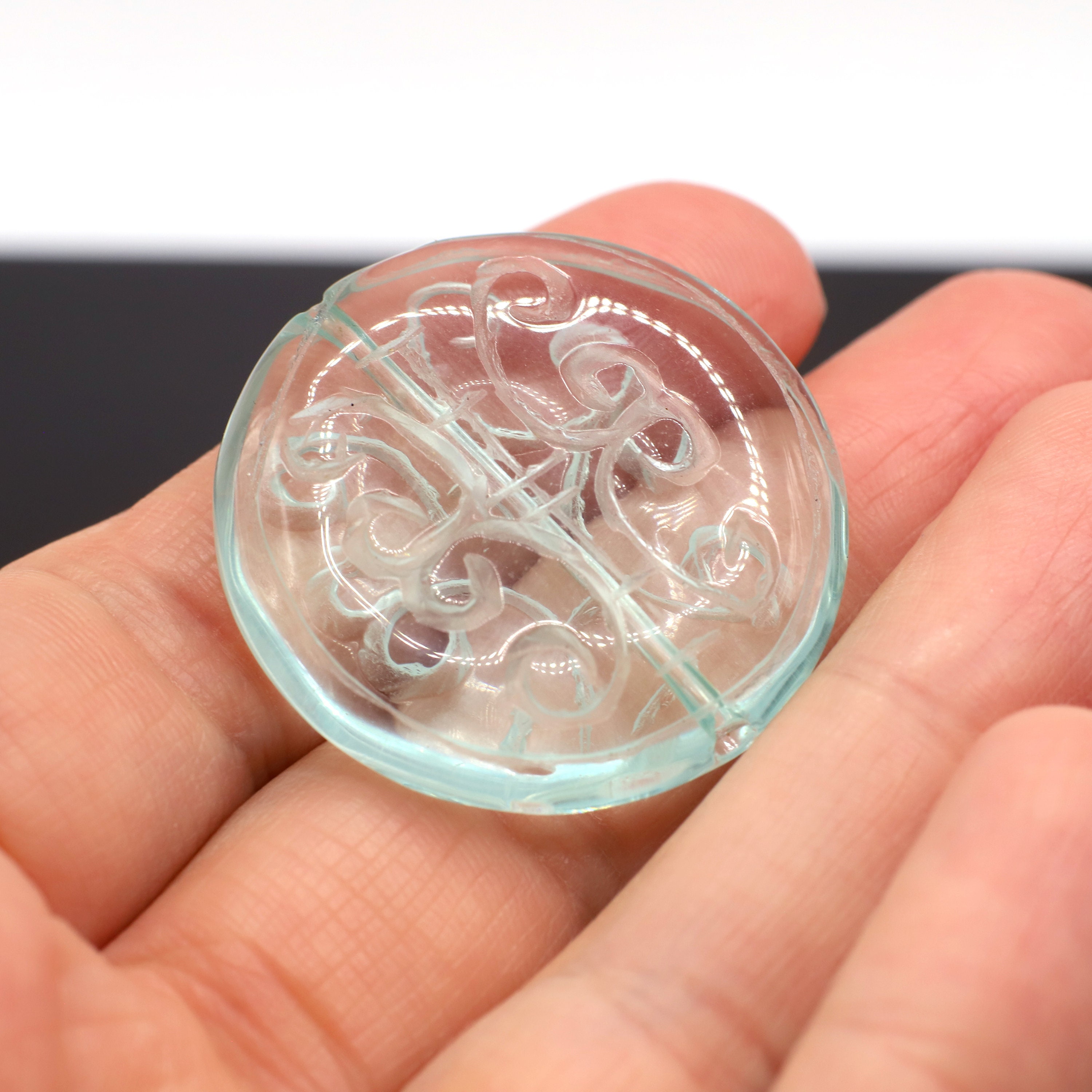 Vintage Carved Pale Aqua Round Glass Pendant Disc Shaped 35mm 1pc