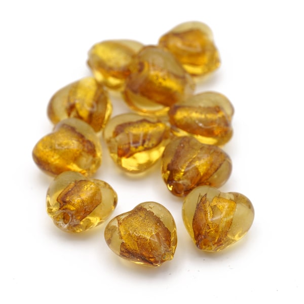 Dark Yellow Venetian Murano Glass Hearts 12mm 4pcs