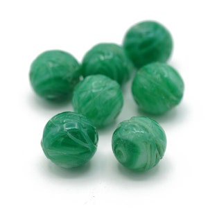 Vintage Carved Japanese Chalk Green Ball Beads 12mm 5pcs