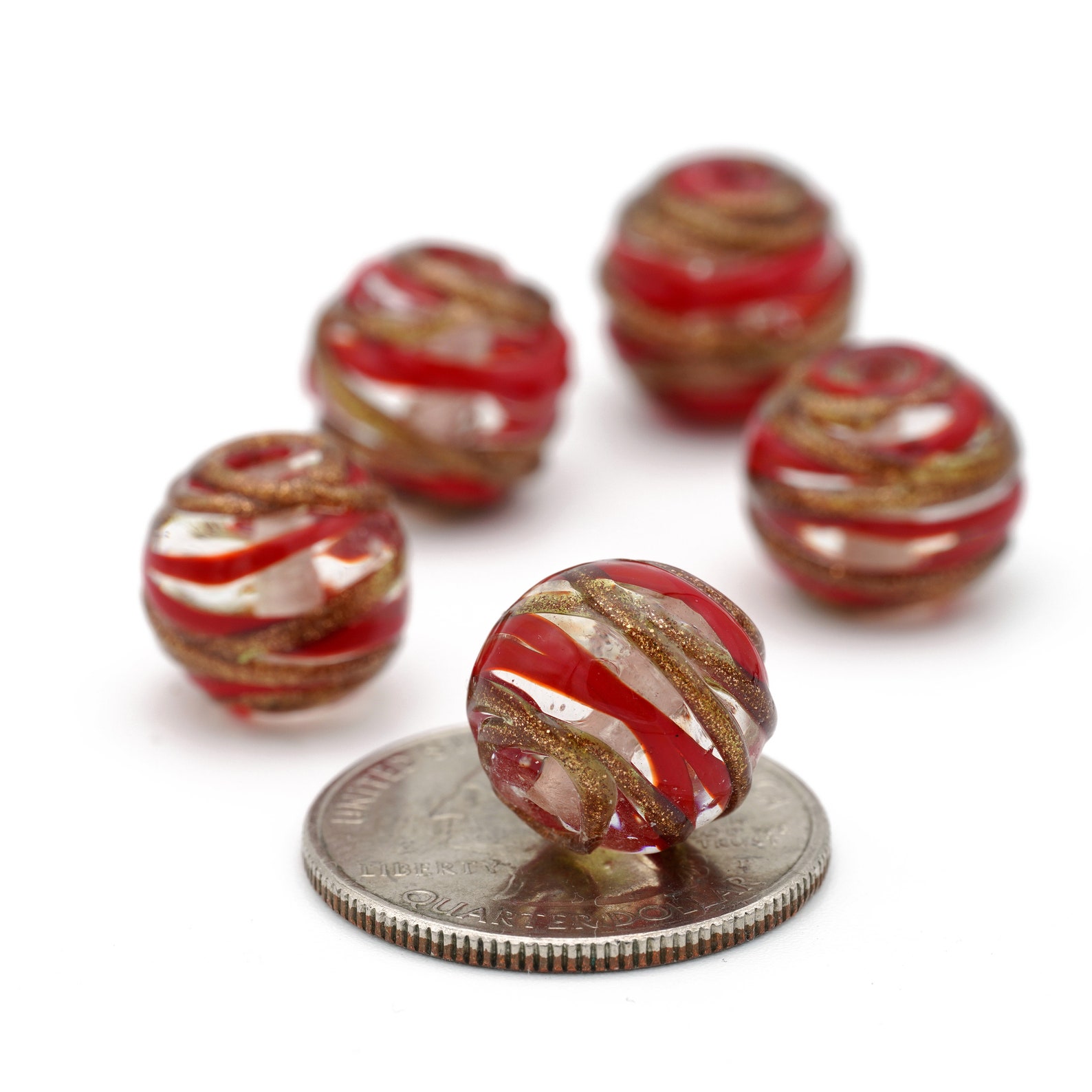 Round Venetian Murano Glass Beads, Red and Rose Gold Sparkle Lampwork ...