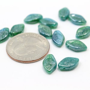 Two Toned Light Teal Czech Leaves, Leaf Beads 8x12mm 12pcs