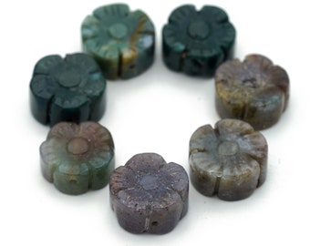 Carved Agate Floral Round Beads 15mm 5pcs