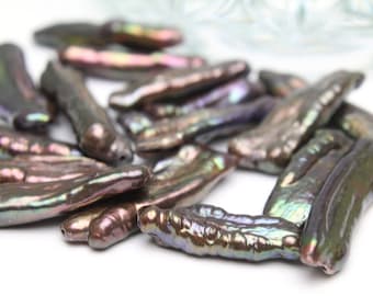 Freshwater Biwa Stick Pearls in Shades of Green Brown and Purple 20-30mm 4pcs