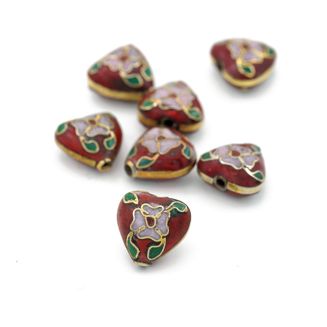 Vintage Genuine Cloisonné Heart Shaped Beads in Red With a Beautiful